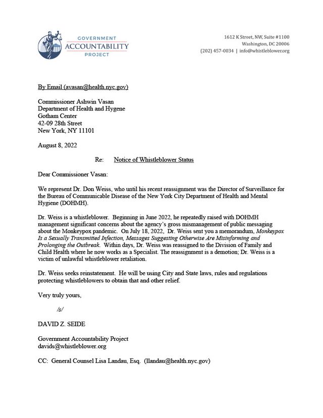 Whistleblower notice for Dr. Don Weiss, sent by the Government Accountability Project to NYC Health Commissioner Ashwin Vasan